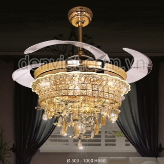 Quạt trần đèn pha lê cao cấp trang trí phòng khách sang trọng